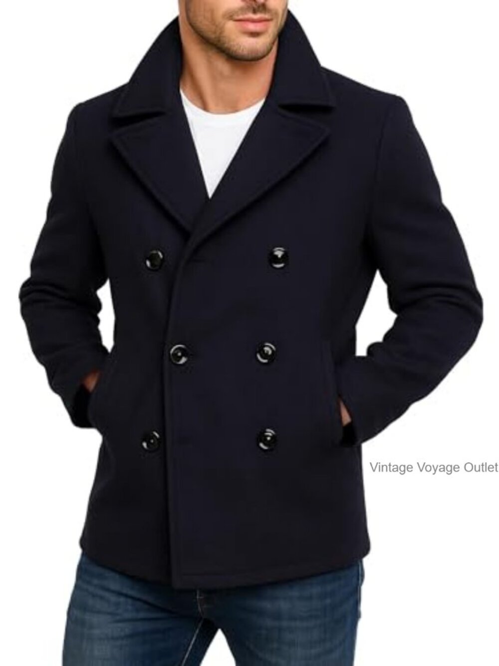 Men's Double Breasted Peacoat - Wool Blend Winter Jacket
